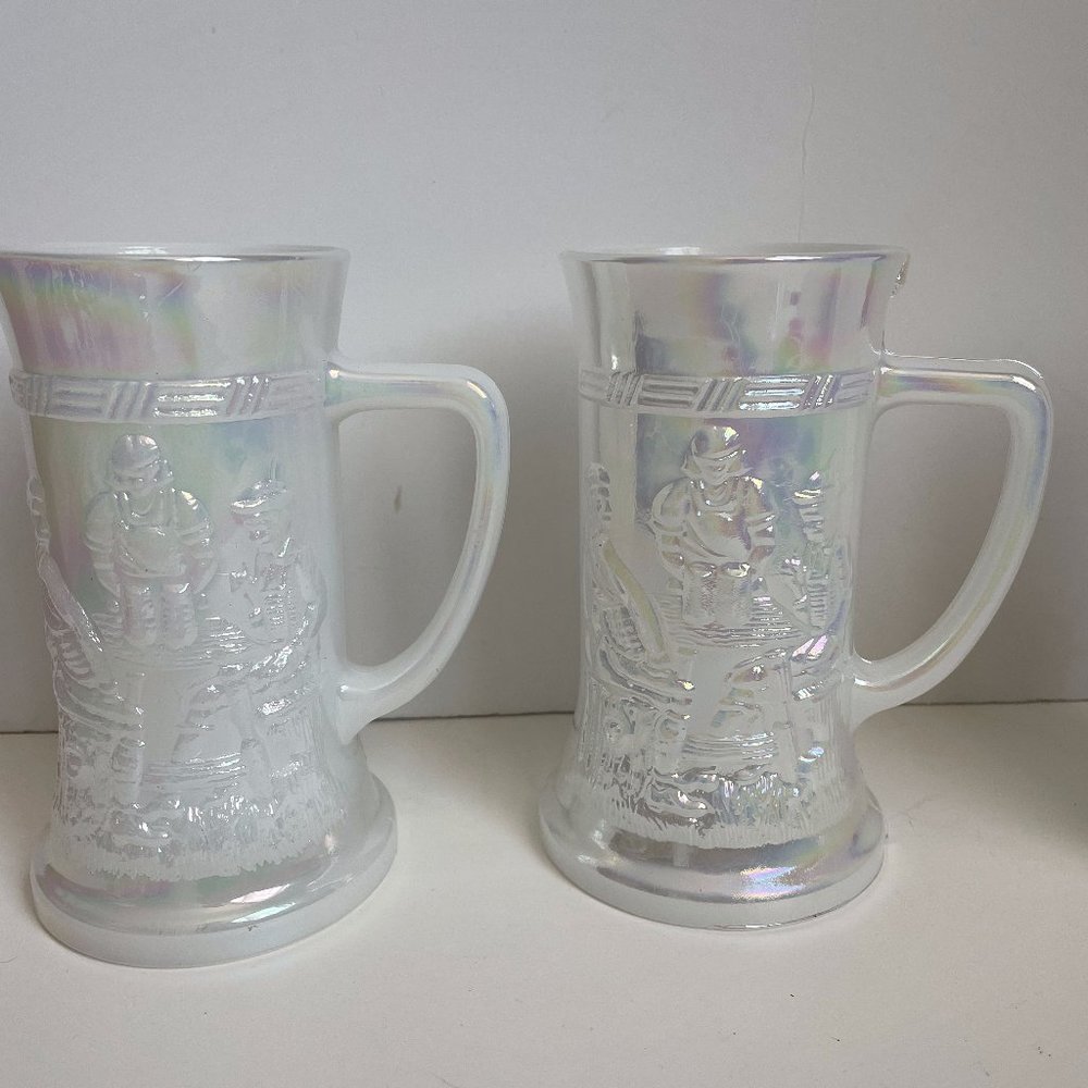 Vintage Federal White Iridescent Carnival Embossed Tall Mugs Set of 2